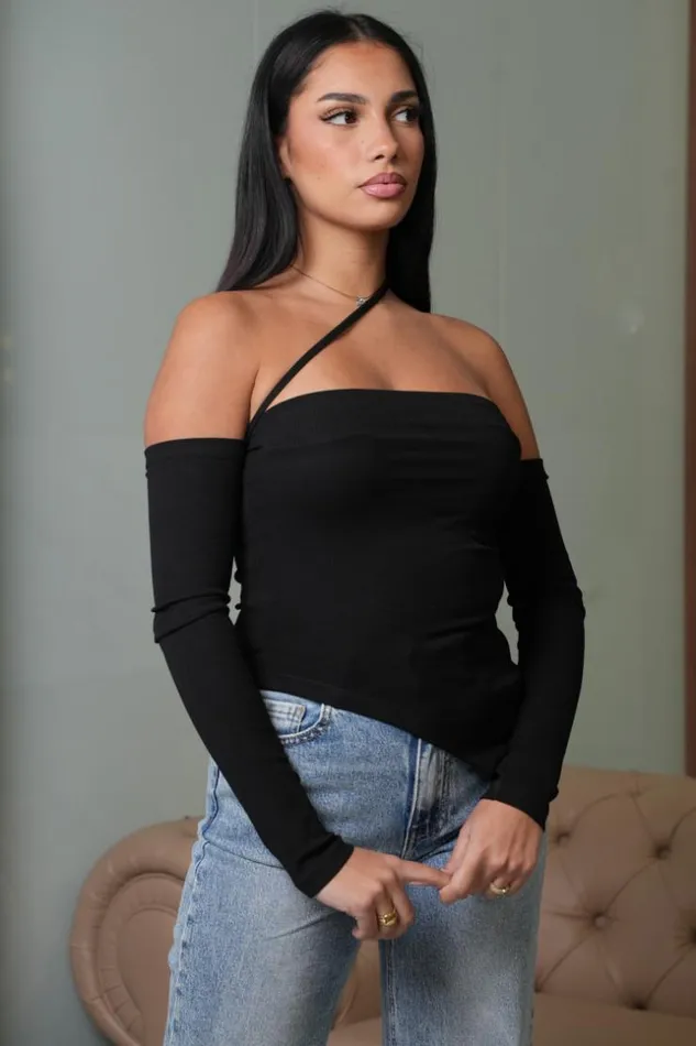 Women Crop Top Noir Manches Longues Asymtrique Black Brentiny Paris White Tops