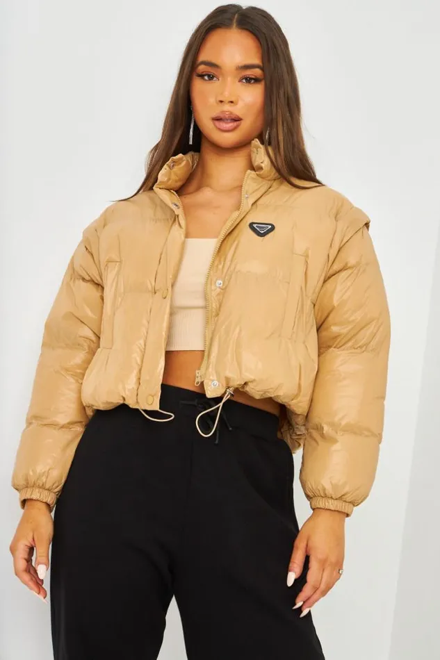 Women Cropped Puffer Jacket In Oil Slick In Camel Camel Brentiny Paris Parkas And Down Jackets