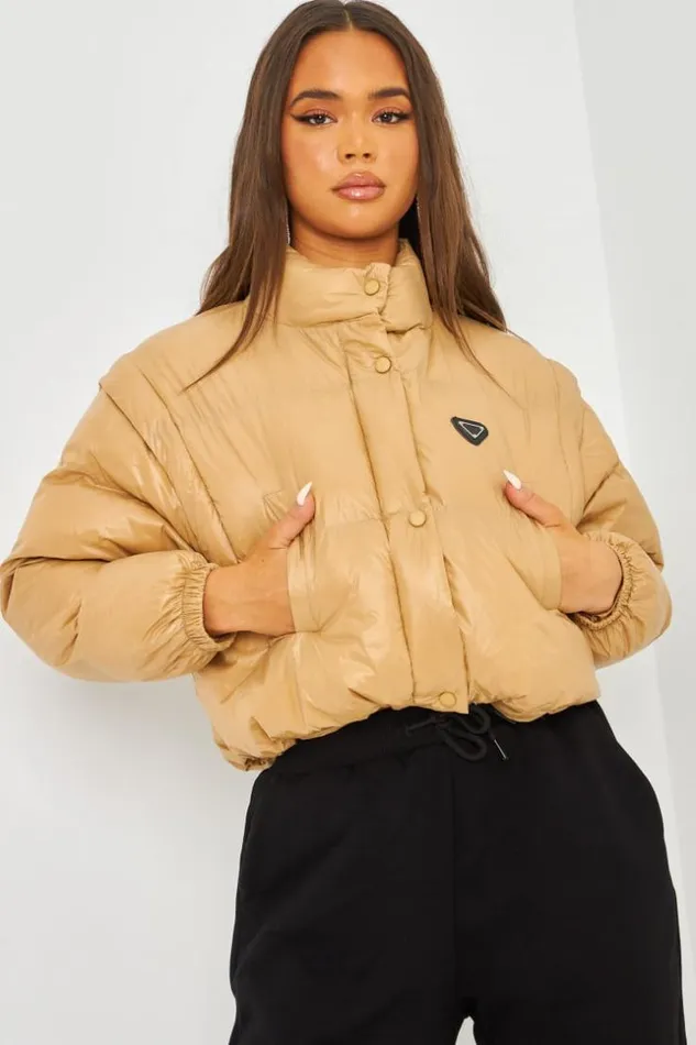 Women Cropped Puffer Jacket In Oil Slick In Camel Camel Brentiny Paris Parkas And Down Jackets