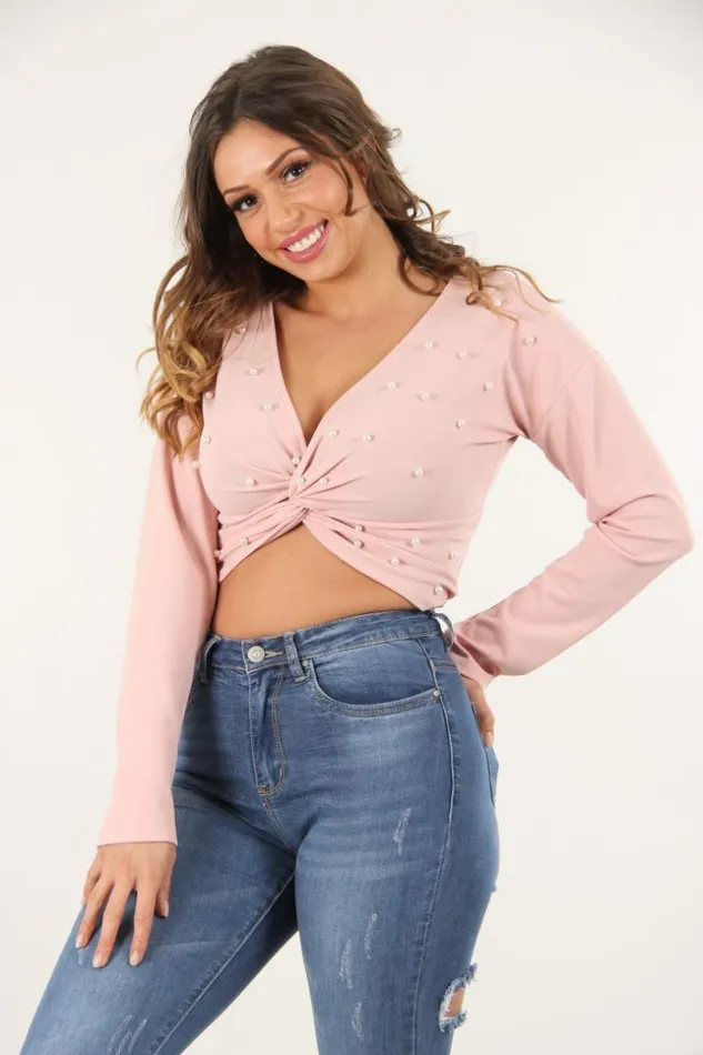 Women Cropped Top With Center Knot Pink Brentiny Paris Lace Tops