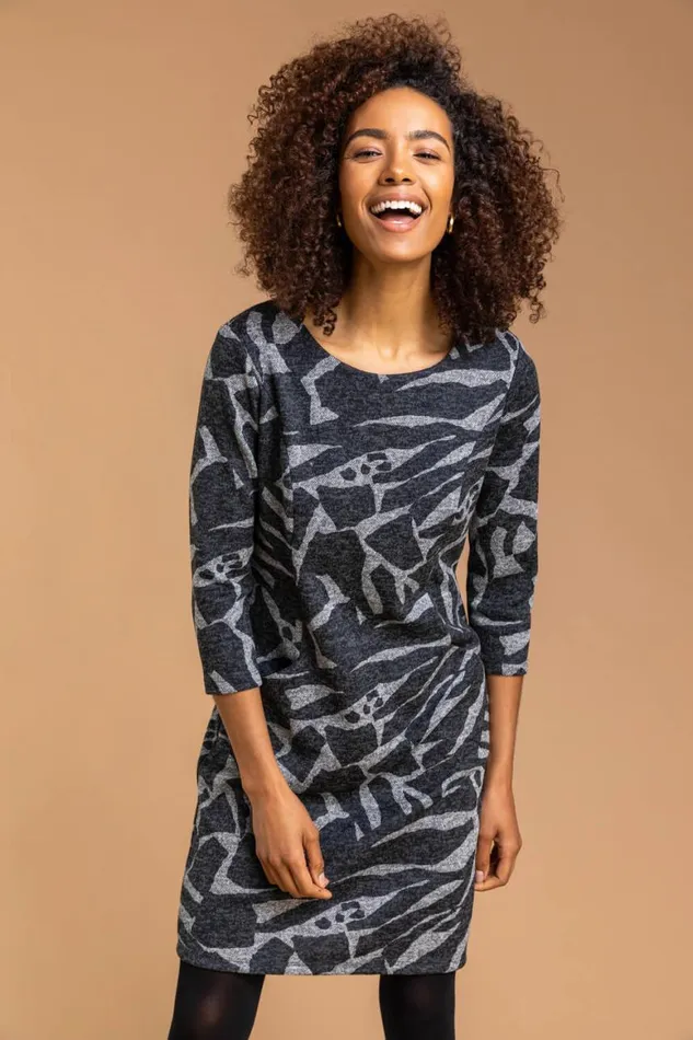 Women Dark Grey Abstract Animal Print Shift Dress Roman Dresses