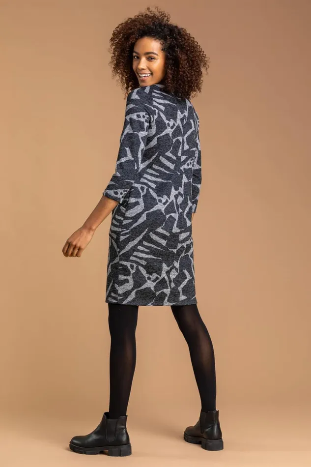 Women Dark Grey Abstract Animal Print Shift Dress Roman Dresses