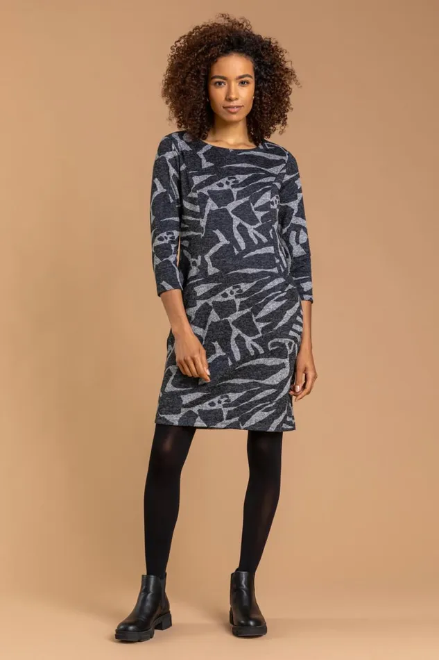 Women Dark Grey Abstract Animal Print Shift Dress Roman Dresses