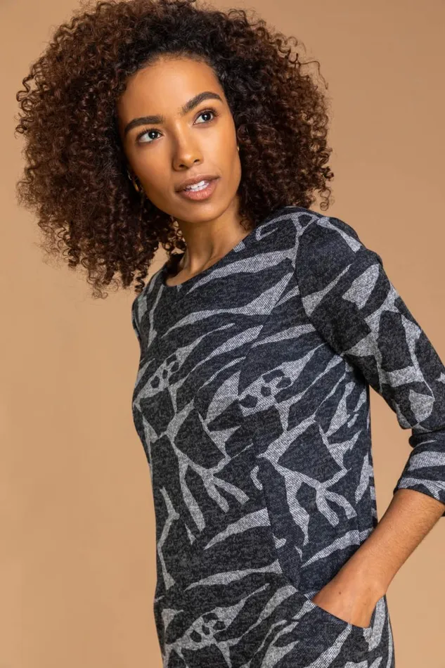 Women Dark Grey Abstract Animal Print Shift Dress Roman Dresses
