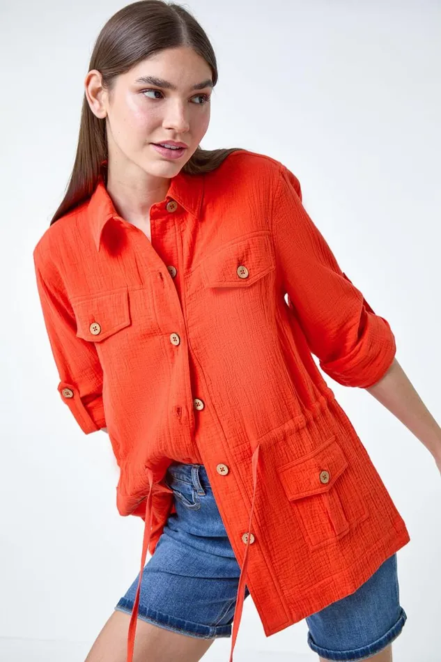 Women Dark Orange 34 Sleeve Textured Tie Waist Shirt Jacket Roman Tops