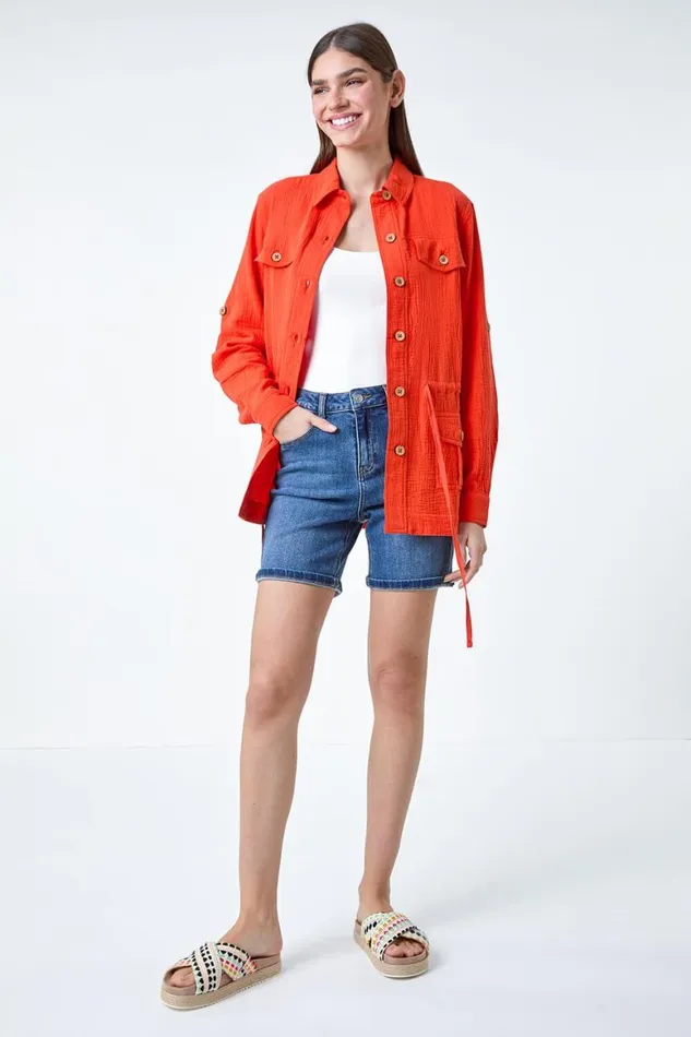 Women Dark Orange 34 Sleeve Textured Tie Waist Shirt Jacket Roman Tops