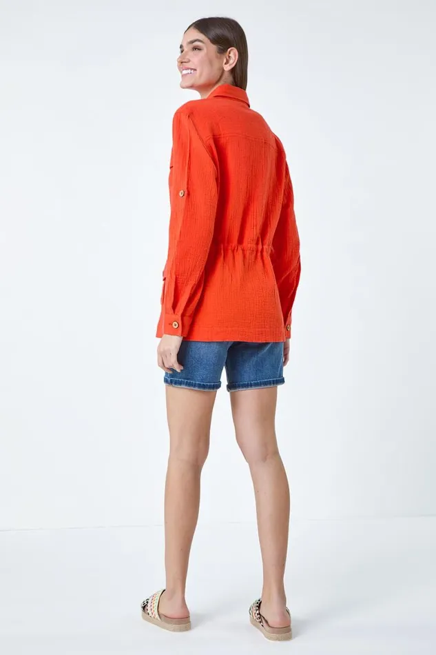 Women Dark Orange 34 Sleeve Textured Tie Waist Shirt Jacket Roman Tops