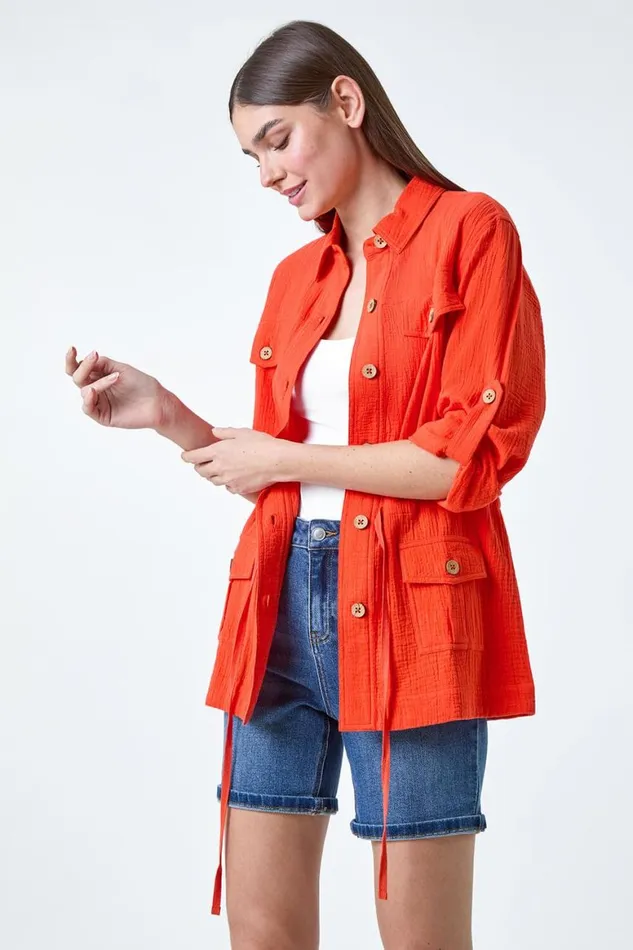 Women Dark Orange 34 Sleeve Textured Tie Waist Shirt Jacket Roman Tops