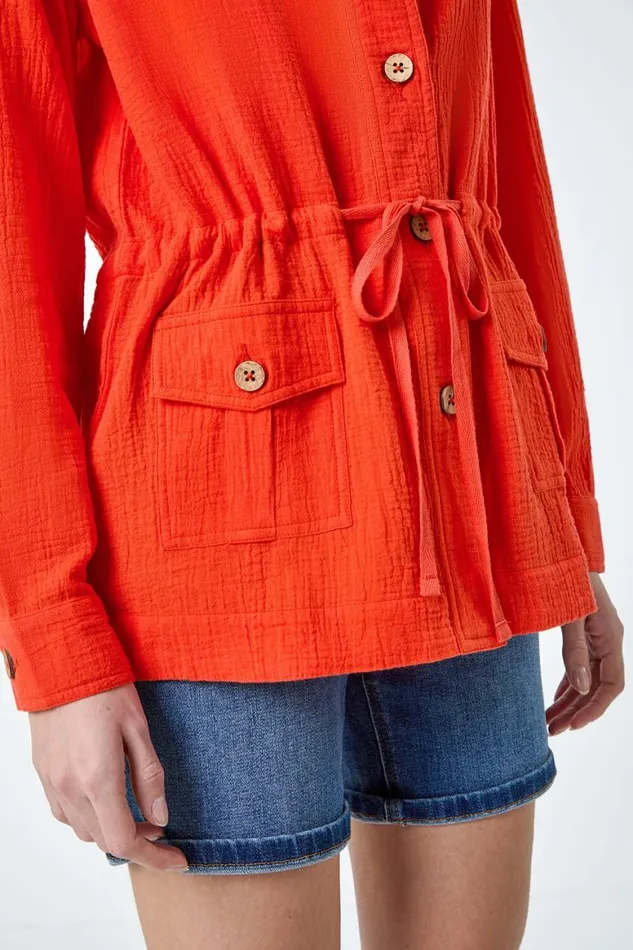 Women Dark Orange 34 Sleeve Textured Tie Waist Shirt Jacket Roman Tops