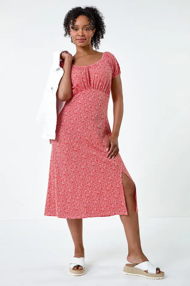 Women Dark Orange Petite Ditsy Print Midi Stretch Dress Roman Dresses