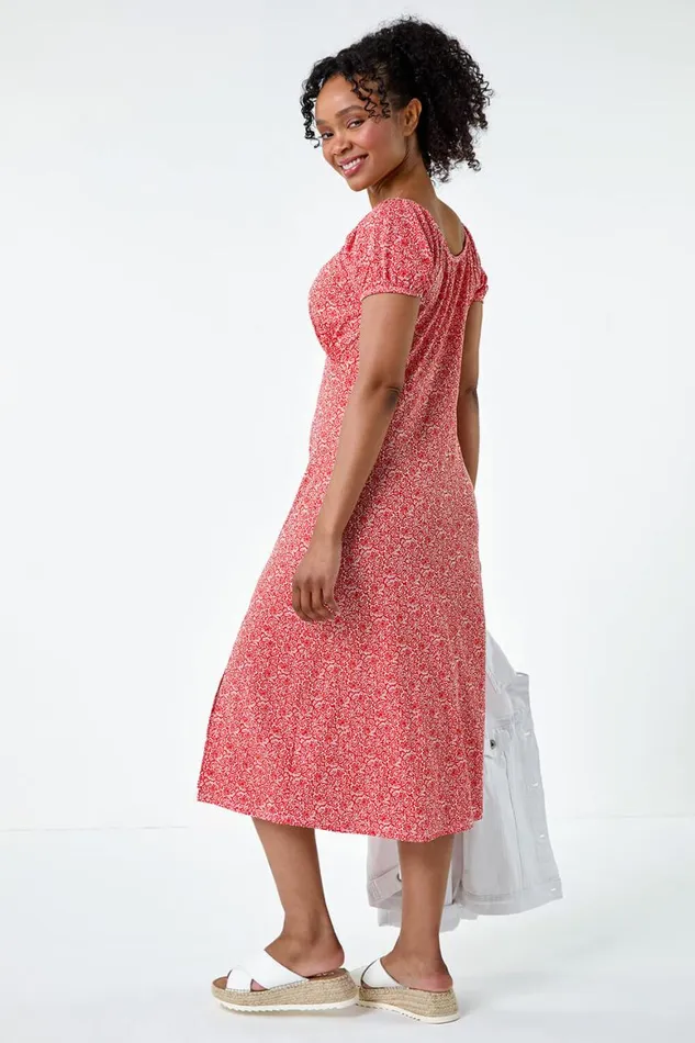 Women Dark Orange Petite Ditsy Print Midi Stretch Dress Roman Dresses