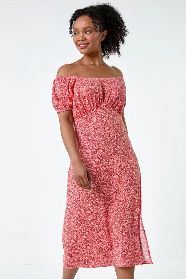 Women Dark Orange Petite Ditsy Print Midi Stretch Dress Roman Dresses