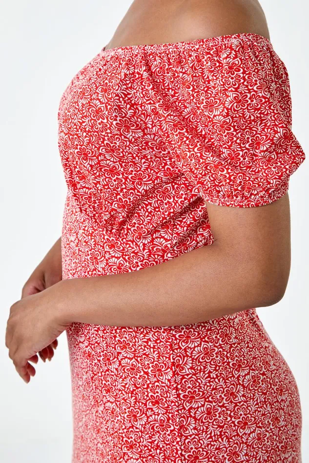 Women Dark Orange Petite Ditsy Print Midi Stretch Dress Roman Dresses