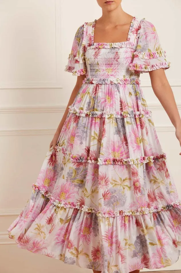 Women Day Dresses Needle and Thread Hummingbird Chiffon Smocked Ankle Gown Multi