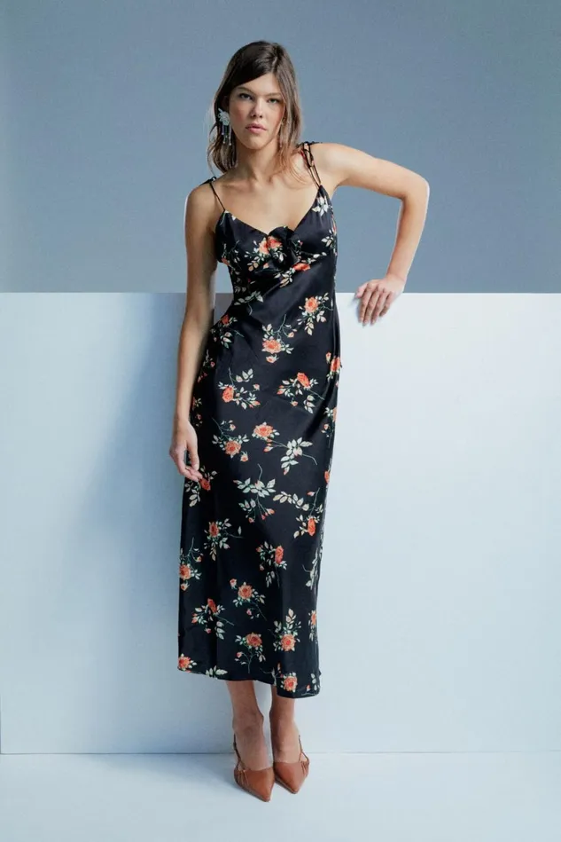 Women Day To Night Dresses Bardot Andy Slip Midi Dress In Black Floral Black Floral