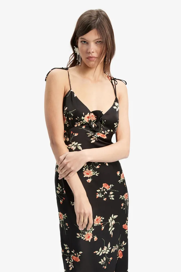 Women Day To Night Dresses Bardot Andy Slip Midi Dress In Black Floral Black Floral