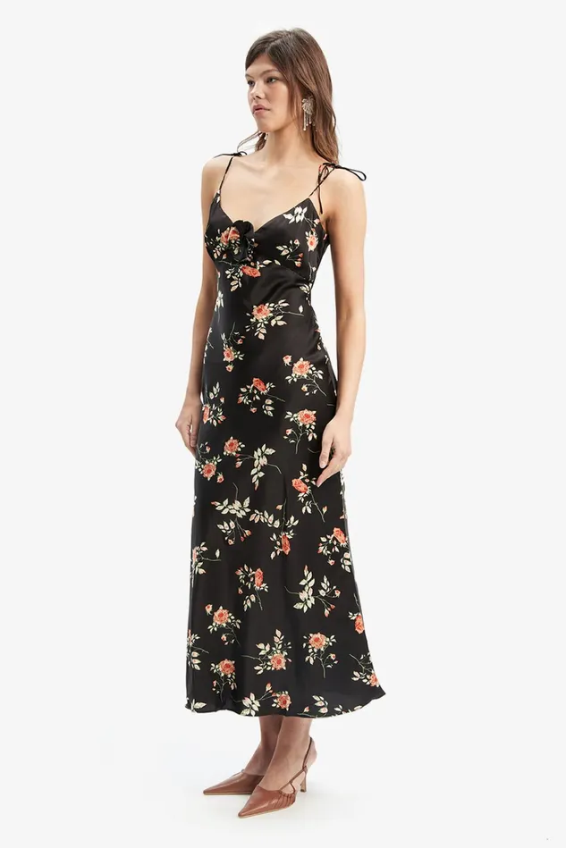 Women Day To Night Dresses Bardot Andy Slip Midi Dress In Black Floral Black Floral