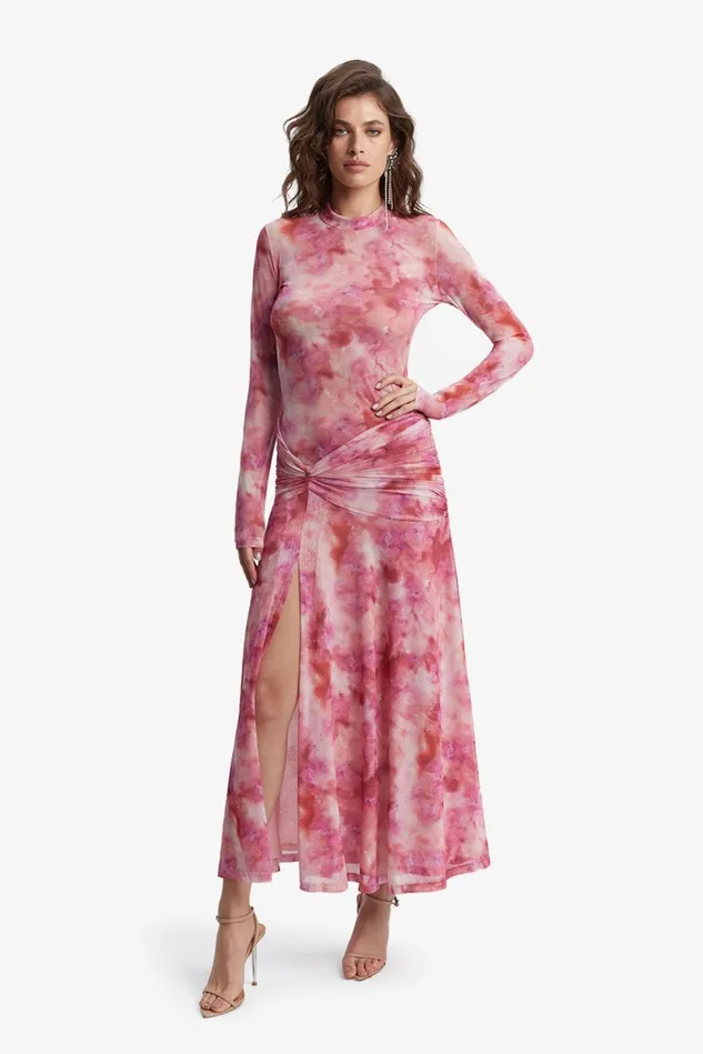 Women Day To Night Dresses Bardot Lea Printed Mesh Dress In Pink Tie Dye Pink Tie Dye