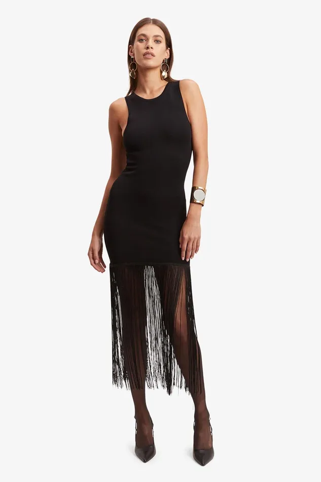 Women Day To Night Dresses Bardot Tassel Knit Dress In Black Black