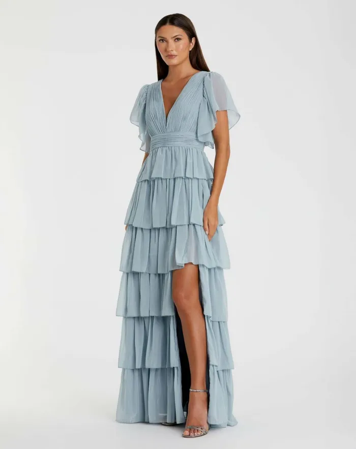 Women Daytime Dresses Mac Duggal Blue Flutter Sleeve Ruffle Tiered Gown Slate Blue