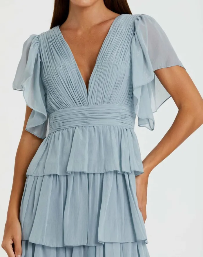 Women Daytime Dresses Mac Duggal Blue Flutter Sleeve Ruffle Tiered Gown Slate Blue