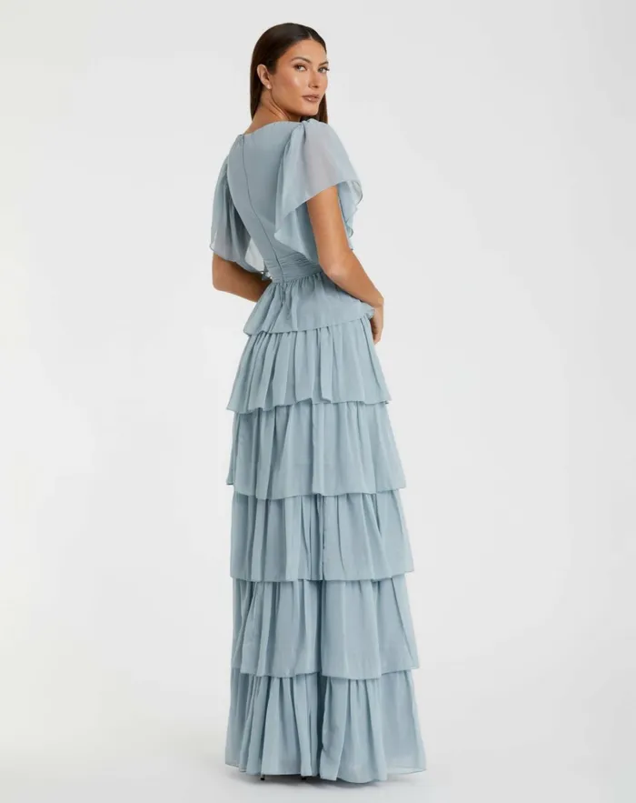 Women Daytime Dresses Mac Duggal Blue Flutter Sleeve Ruffle Tiered Gown Slate Blue