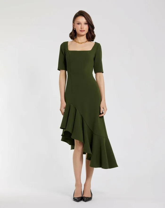 Women Daytime Dresses Mac Duggal Crepe 34 Sleeve Asymmetrical Hem Dress Dark Green