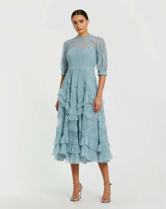 Women Daytime Dresses Mac Duggal Light Blue High Neck Micro Ruffle Tiered Midi Dress French Blue Women Daytime Dresses Mac Duggal Light Blue High Neck Micro Ruffle Tiered Midi Dress French Blue