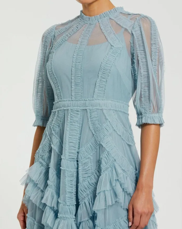 Women Daytime Dresses Mac Duggal Light Blue High Neck Micro Ruffle Tiered Midi Dress French Blue