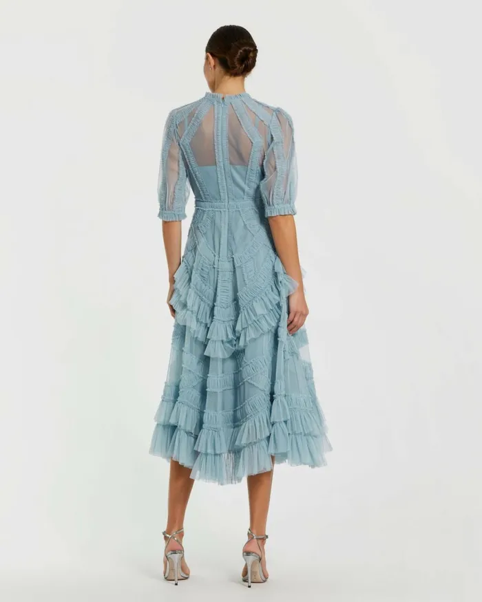 Women Daytime Dresses Mac Duggal Light Blue High Neck Micro Ruffle Tiered Midi Dress French Blue