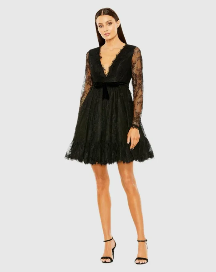 Women Daytime Dresses Mac Duggal Long Sleeve Deep V Lace Babydoll Dress Black