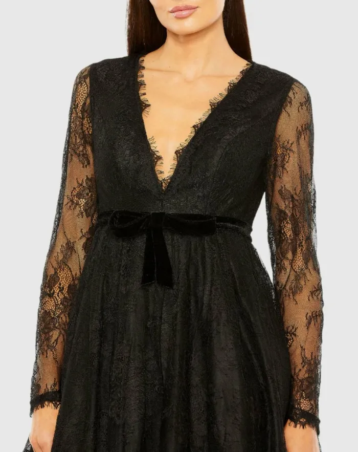 Women Daytime Dresses Mac Duggal Long Sleeve Deep V Lace Babydoll Dress Black