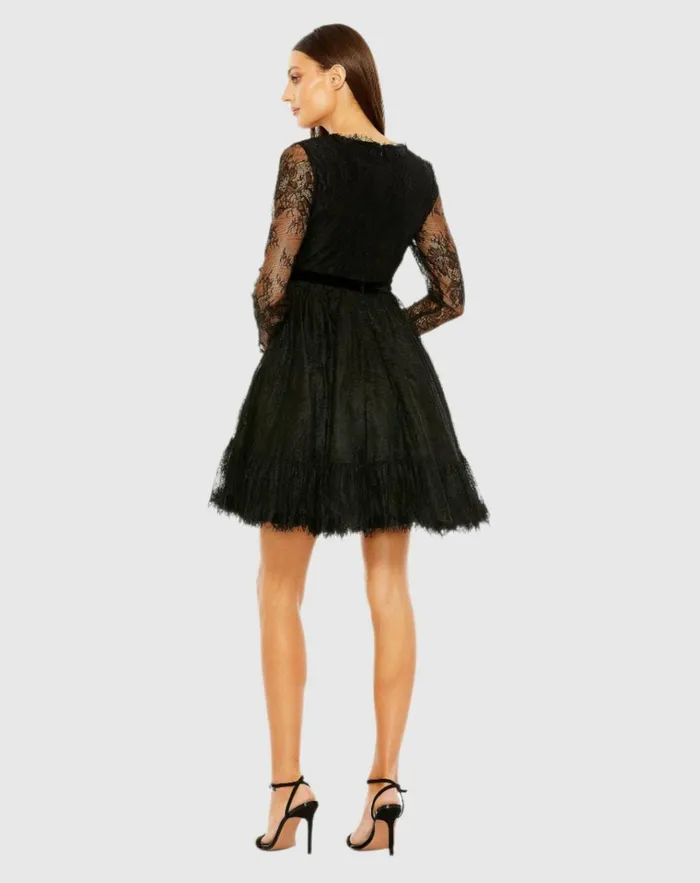 Women Daytime Dresses Mac Duggal Long Sleeve Deep V Lace Babydoll Dress Black
