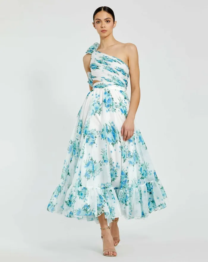 Women Daytime Dresses Mac Duggal One Shoulder Ruffle CutOut Chiffon Midi Dress White Multi Women Daytime Dresses Mac Duggal One Shoulder Ruffle CutOut Chiffon Midi Dress White Multi