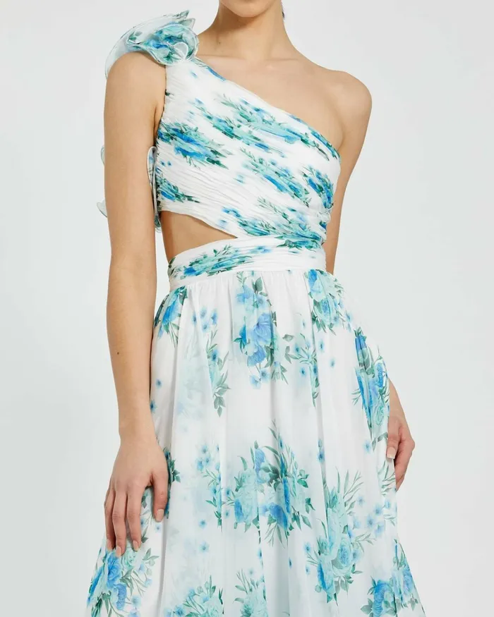 Women Daytime Dresses Mac Duggal One Shoulder Ruffle CutOut Chiffon Midi Dress White Multi