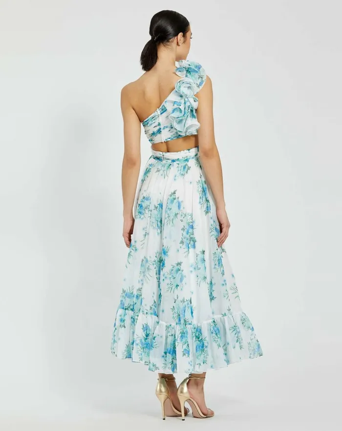 Women Daytime Dresses Mac Duggal One Shoulder Ruffle CutOut Chiffon Midi Dress White Multi