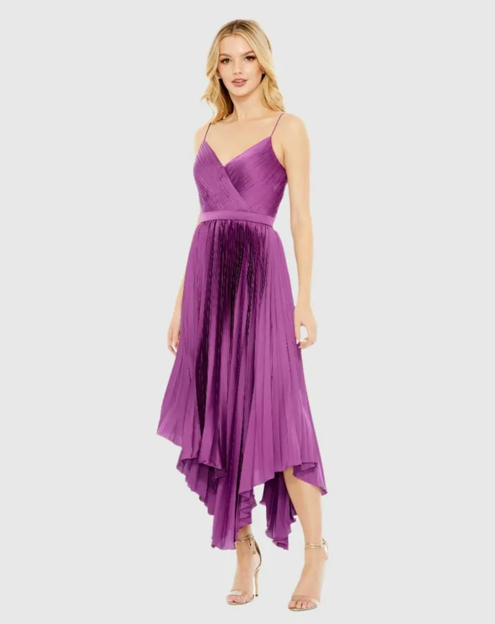 Women Daytime Dresses Mac Duggal Pleated Satin Flowy Midi Dress Amethyst
