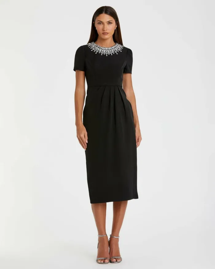 Women Daytime Dresses Mac Duggal Rhinestone Neckline Column Dress Black