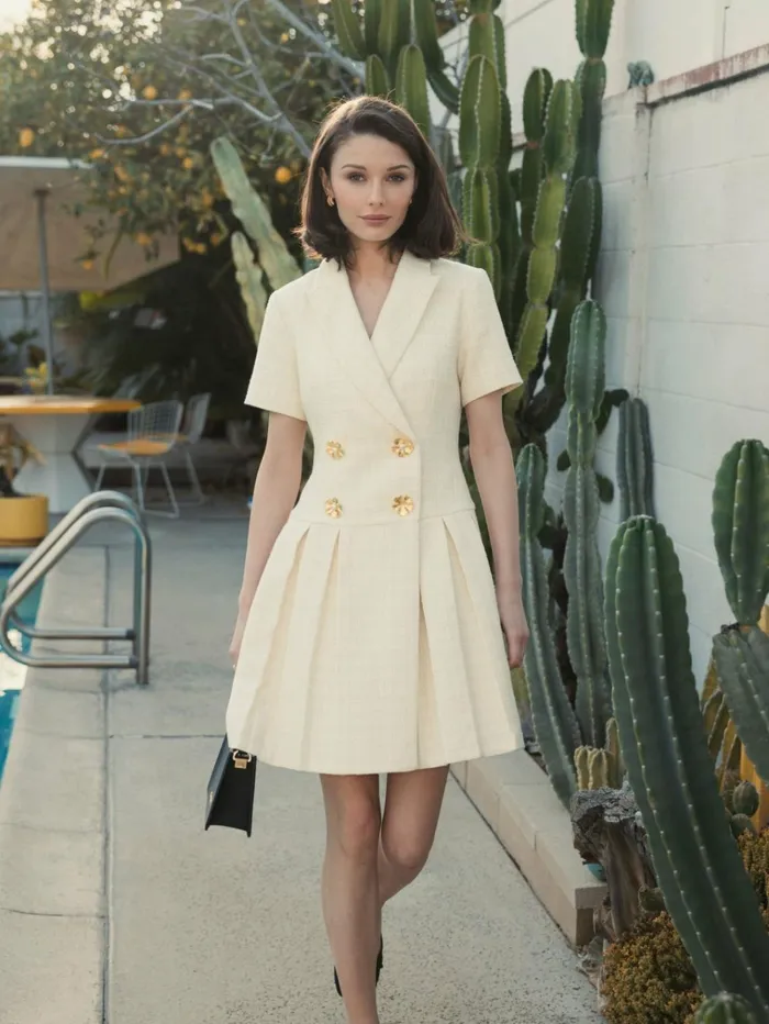 Women Daytime Dresses Mac Duggal Tweed Short Sleeve Blazer Mini Dress Cream