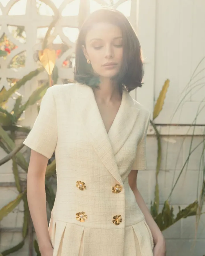 Women Daytime Dresses Mac Duggal Tweed Short Sleeve Blazer Mini Dress Cream