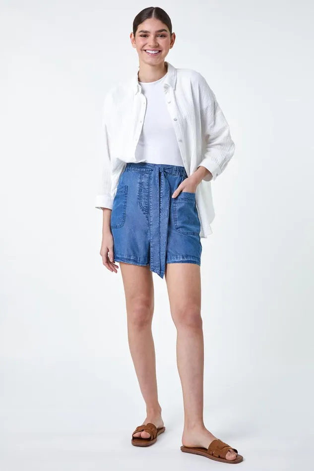Women Denim Elastic Tie Waist Pocket Shorts Roman Shorts