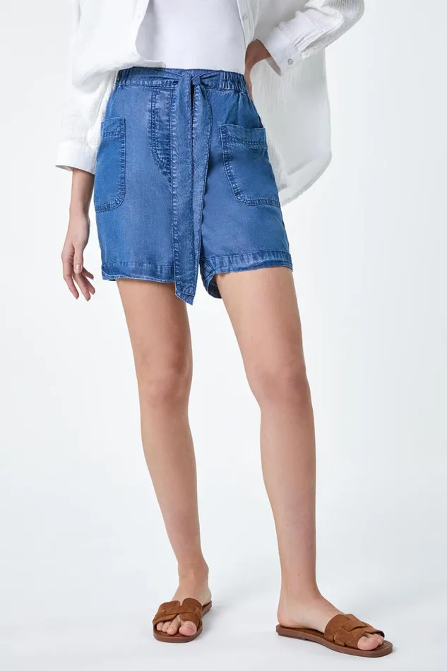 Women Denim Elastic Tie Waist Pocket Shorts Roman Shorts