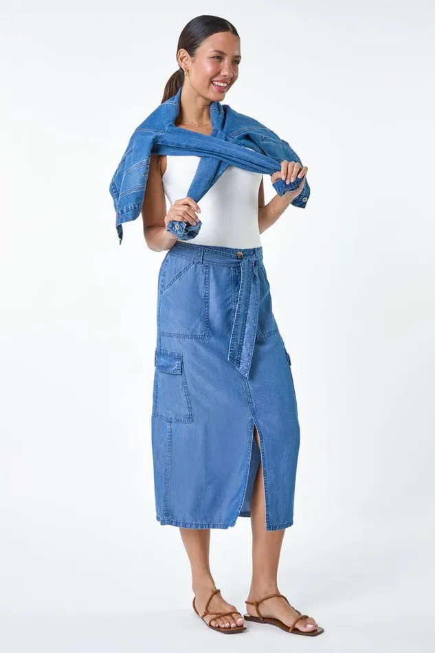 Women Denim Pocket Detail Cargo Skirt Roman Skirts