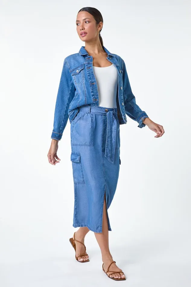 Women Denim Pocket Detail Cargo Skirt Roman Skirts