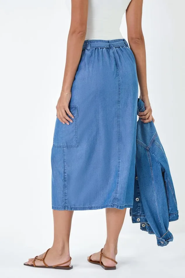 Women Denim Pocket Detail Cargo Skirt Roman Skirts