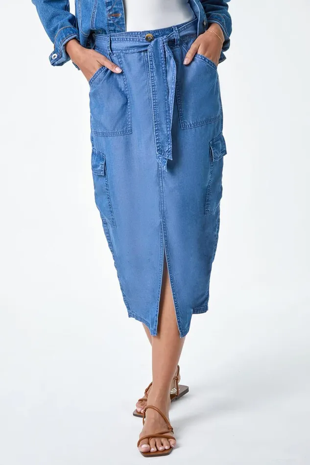 Women Denim Pocket Detail Cargo Skirt Roman Skirts