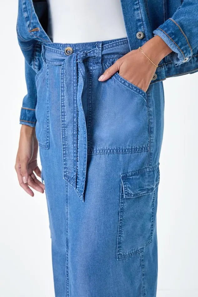 Women Denim Pocket Detail Cargo Skirt Roman Skirts