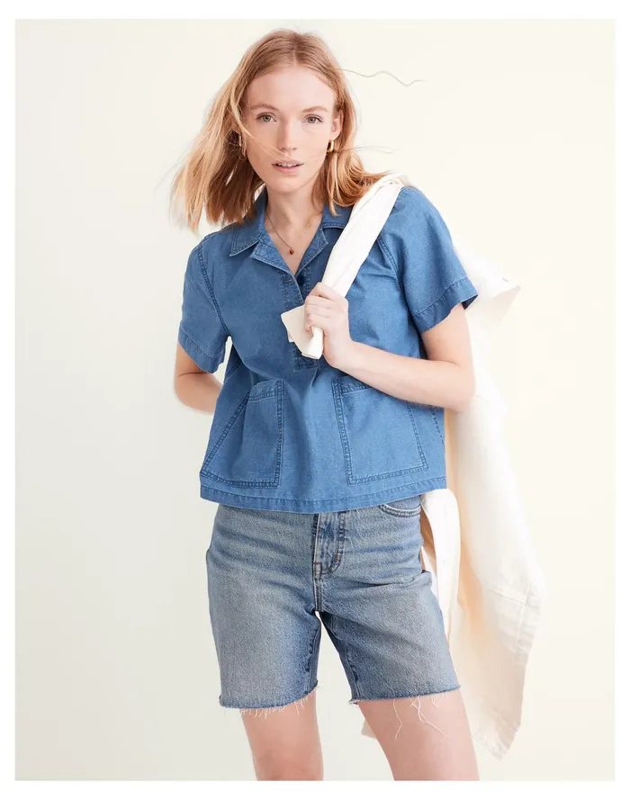 Women Denim Short Sleeve Popover Shirt Reyner Wash Madewell Tops and Shirts