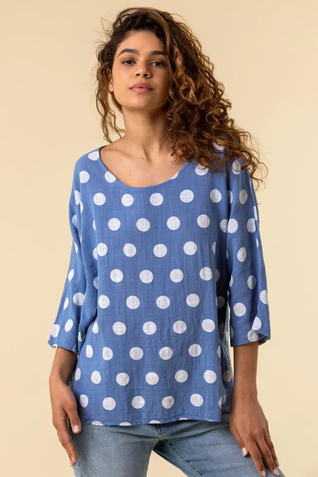 Women Denim Spot Print 34 Sleeve Top Roman Tops