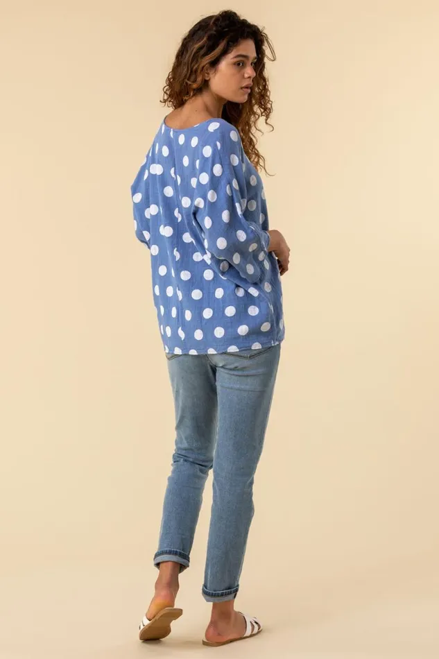 Women Denim Spot Print 34 Sleeve Top Roman Tops